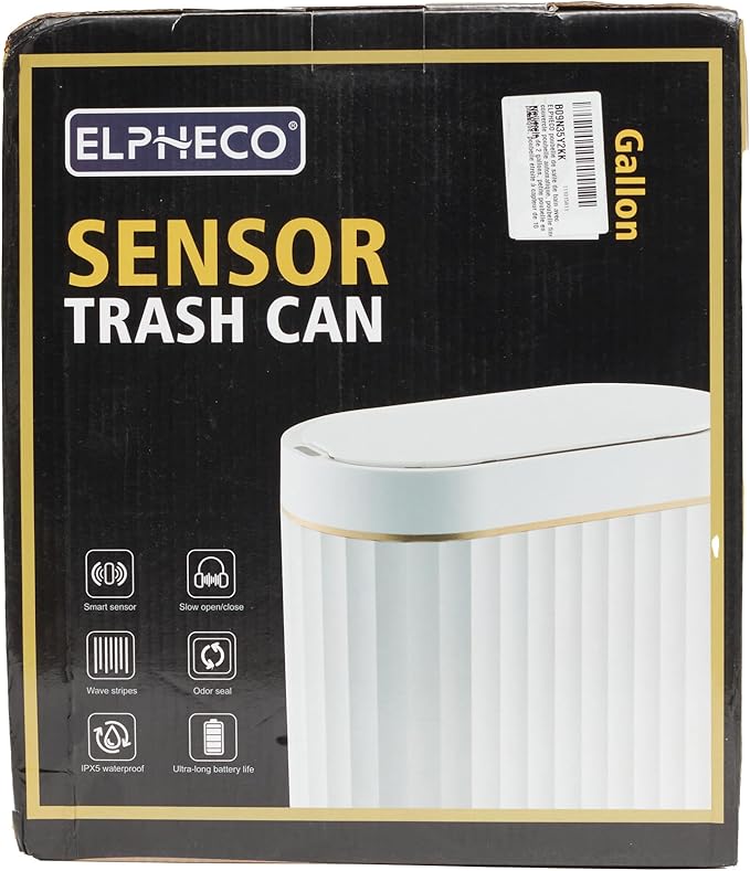 ELPHECO Automatic Motion Sensor Trash Can - 2 Gallon Slimline for Bathroom, Bedroom, Kitchen, Office - White with Gold Trim