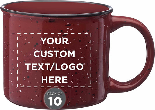 DISCOUNT PROMOS Custom Ceramic Campfire Coffee Mugs 13 oz. Set of 10, Personalized Bulk Pack - Perfect for Tea, Espresso, Cappuccino, Hot Cocoa - Maroon
