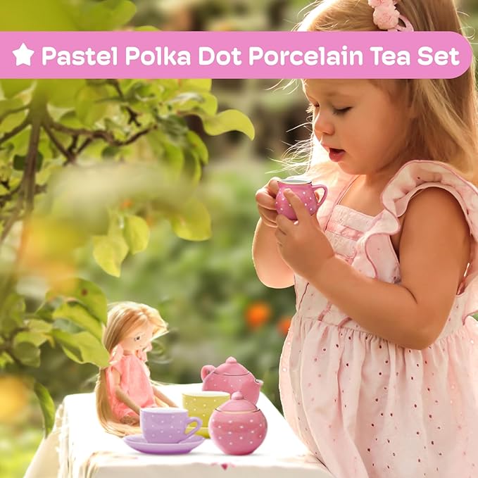 Jewelkeeper 13 Pieces Porcelain Tea Set for Little Girls with Pastel Picnic Basket - Mini Toddler Tea Sets for Girls 2 and Up - Real Cups, Teapot, and Saucers - Children Playset - Polka Dots Design
