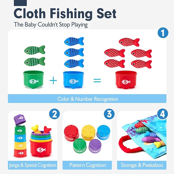 hahaland Toddler Toys Montessori Toys for 1 Year Old Boy Girl Birthday Gift - 10 in 1 Cloth Fishing Game Christmas Toddler Gifts 1-3 with Stacking Cups - Number Counting, Color Sorting Learning