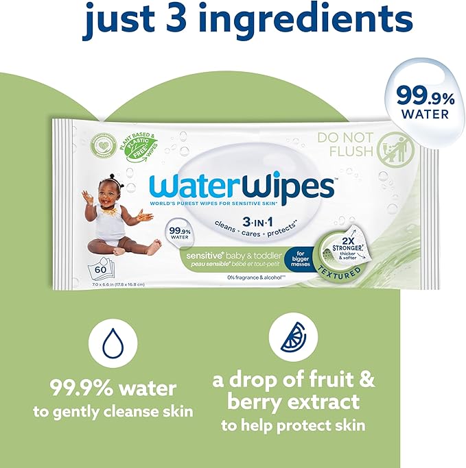 WaterWipes Sensitive+ Baby & Toddler Wipes, 3-In-1 Cleans, Cares, Protects, 99.9% Water, Textured Clean, Unscented & Hypoallergenic, 540 Count (Pack of 9)