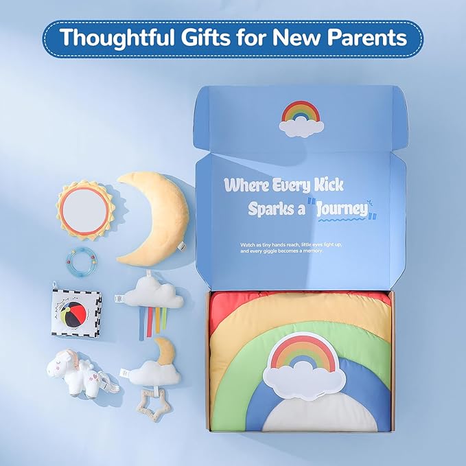 Baby Gym Play Mat with 6 Detachable Toys, Tummy Time Mat for Floor, Promote Motor Skills & Sensory Development Mat for Infant, Washable Baby Activity Mat, Easy to Install, Baby Essentials Gift-Rainbow