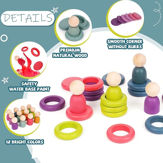 Montessori Toys Wooden Color Sorting Stacking Rings Toy Rainbow Wooden Peg Dolls Counting Toys Circular Building Blocks Stacking Game Preschool Learning Education Fine Motor Skill Toys for Toddlers