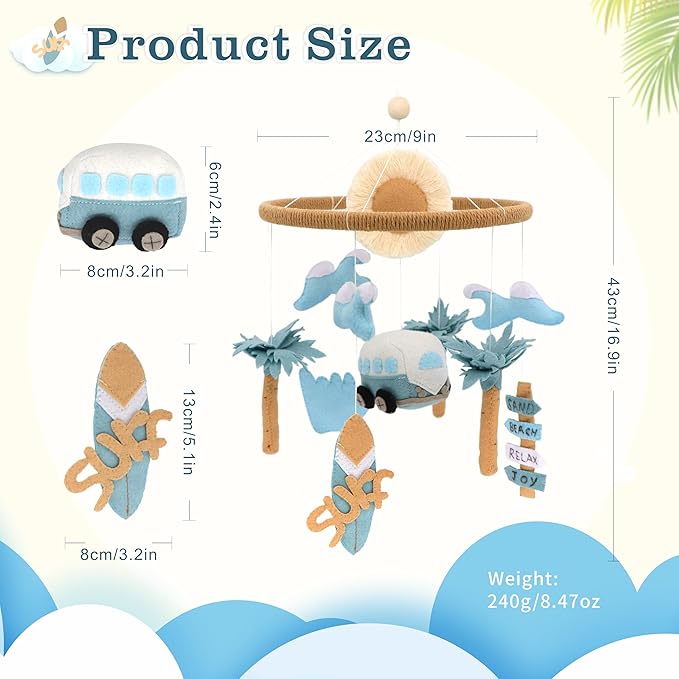 Surf Mobile for Crib Handmade Felt Nursery Decor Crib Mobile surf for Bassinet Baby Shower Newborn Baby Gift Beach Nursery Decor (Surf and Beach)