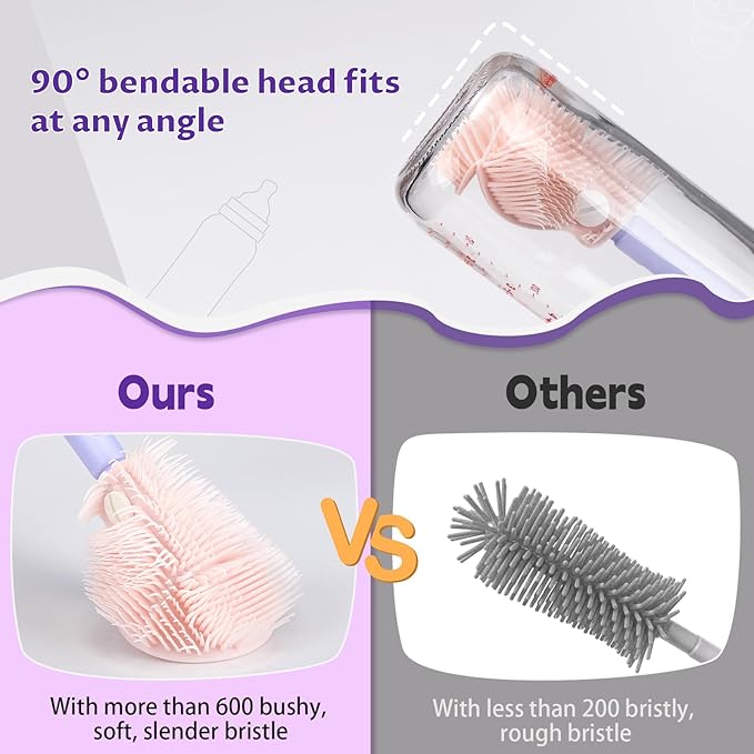 VOOWO Baby Bottle Brush & Drying Rack, Portable Travel Kit - Silicone Bottle & Nipple Brush Set, Straw Cleaner (Purple)