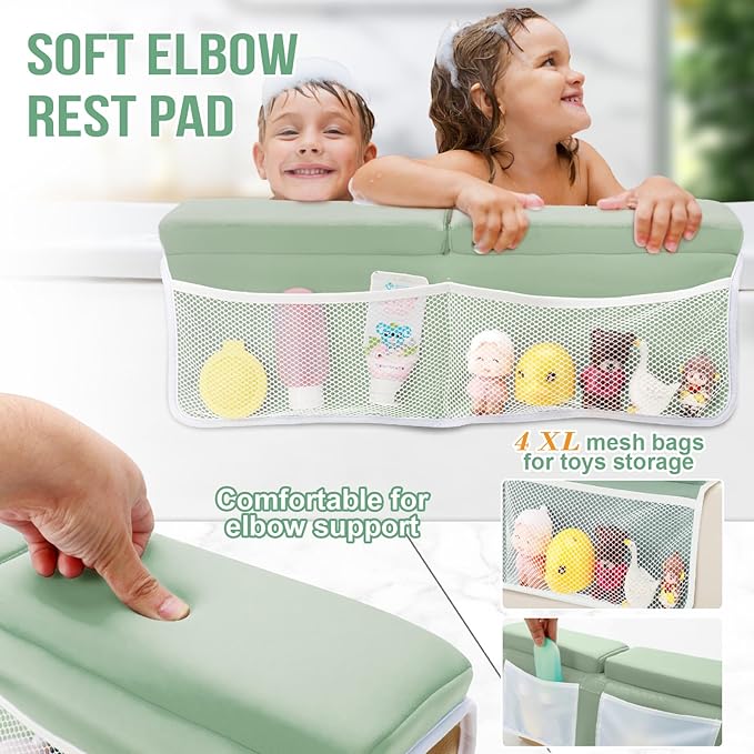 Bath Kneeler and Elbow Rest Pad Set, Thick and Quick Dry Kneeling Pad Support for Knee and Arm, Extra Large Baby Bath Kneeler Pads Bathtub Mat with Toys Organizer for Baby Bath Time, Grey Green