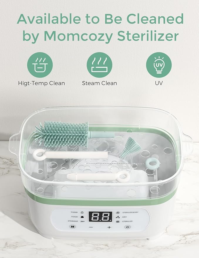 Momcozy Bottle Brush Set - Baby Bottle Cleaner Kit with Silicone Brush, Nipple Brush, Straw Brush, Soap Dispenser, Drying Rack - 7 in 1 Bottle Cleaning Tool for Home and Travel, Green