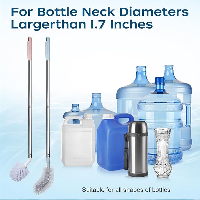 2-Pack Extra Long Bottle Brush, Nylon Bristles, Bendable Brush Head, Stainless Steel Handle, Cleaning Brush for 1-5 Gallon Water Bottles, Jugs, Buckets and Kettles