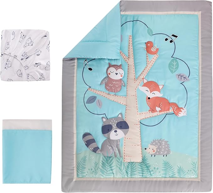 Blue Woodland Nursery Crib Bedding Set for Boys 3 Pieces Fox Owl Raccoon Baby Boy Cot Bedding Set