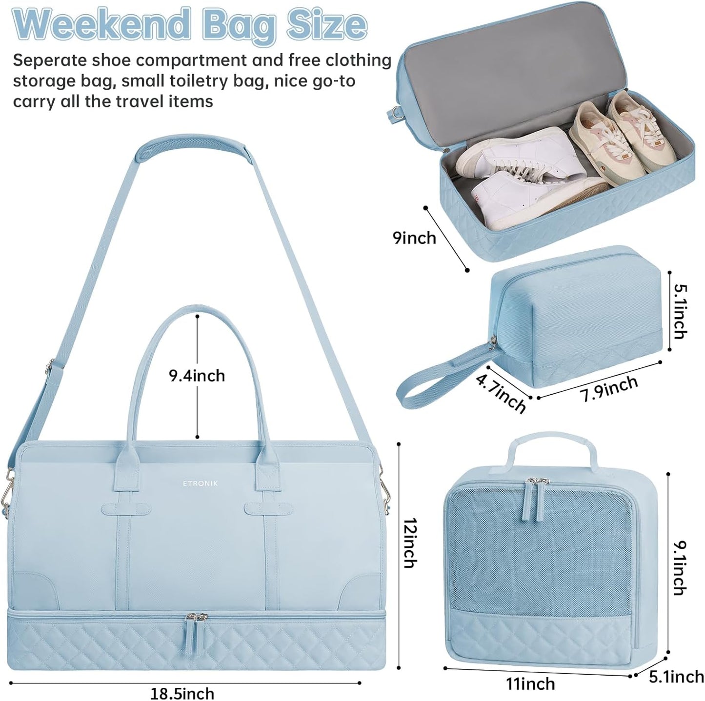ETRONIK Weekender Overnight Bag for Women, Large Travel Duffle Bag with Shoe Compartment & Wet Pocket, Carry On Tote Bag Gym Duffel Bag with Toiletry Bag, 3 Pcs Set, Large Size, Light Blue