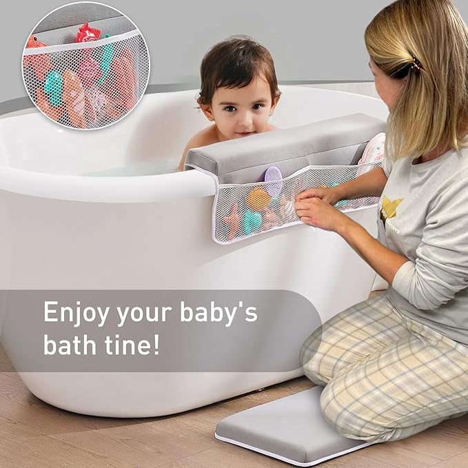 Comfortable Bath Kneeler and Elbow Rest Pad Set- Thick Non-Slip Memory Foam Bath Mat Set,Quick Dry Baby Bathtub Cushion with Storage Toy Organizer Pockets
