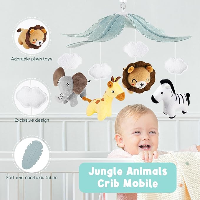Animals Crib Mobile for Boys & Girls - Safari Baby Mobile for Crib with Upgraded 3-Mode Music Box, Fits Standard Cribs, Nursery Mobiles