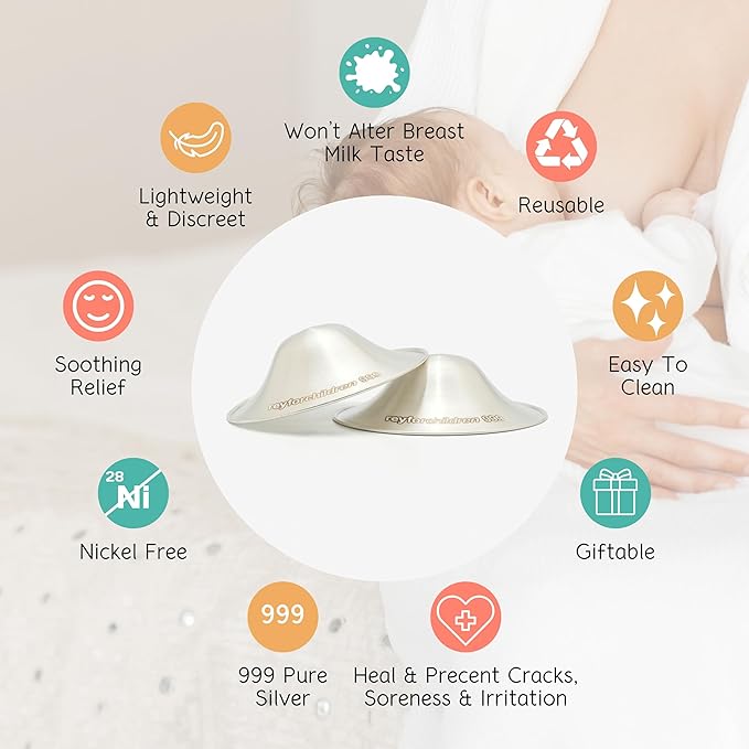 RFC Silver Nursing Cups - 999 Silver Nursing Pad - Nipple Shield Kit for Nursing Newborn - Breastfeeding Essentials - Nipple Cover Breastfeeding - with Silicone Ring & Cleaning Scotch & Case (XL)