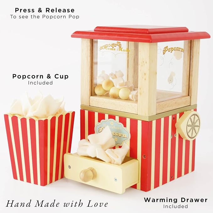 Le Toy Van - Wooden Honeybake Retro Popcorn Machine | Cinema, Kitchen Or Movies Pretend Play | Movie Night Role Kids Play Toy
