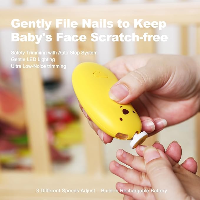 Baby Nail File Electric, Gentle Rechargeable Nail Trimmer, Baby Nail Clippers Grooming Kit Manicure Set for Infant Toddler or Adults, 6 Grinding Head Replacement Pads Yellow