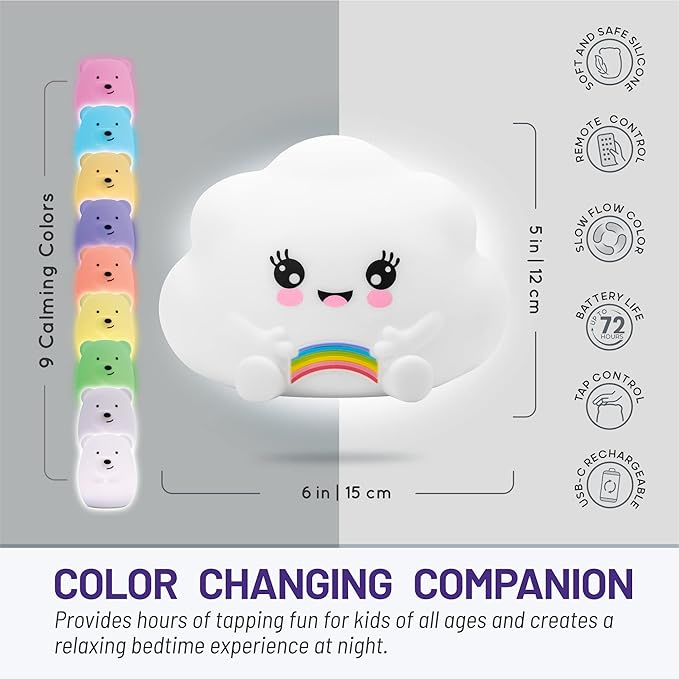 Lumipets Remote Control Silicone Night Light for Kids - Cloud Design with 9 Soft Colors & Sleep Timer - Rechargeable, Battery-Operated Lamp for Bedroom | Baby Nursery, Toddler, Girls, Boys