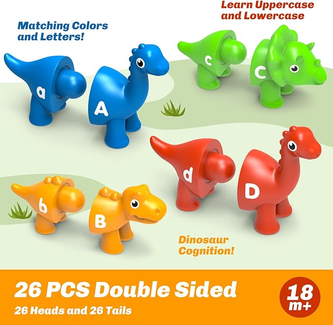 26PCS Dinosaur Alphabet Learning Toys for Kids 3-5, Montessori Educational Toys for 3 4 5 Year Old, Toddlers Preschool Activities Fine Motor Toys for Boys, Double Sided ABC Matching Game