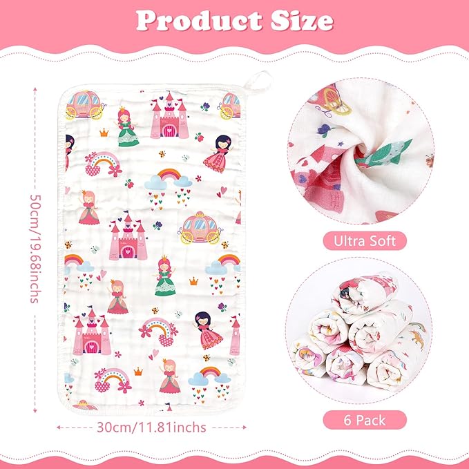 Baby Burp Cloths Muslin Washcloths 6 Pack Muslin Burp Cloths 100% Cotton Large 20''x12'' Soft 6 Layers Baby Burp Rags for Boys Girls Baby Essentials for Newborn Gift Machine Washable