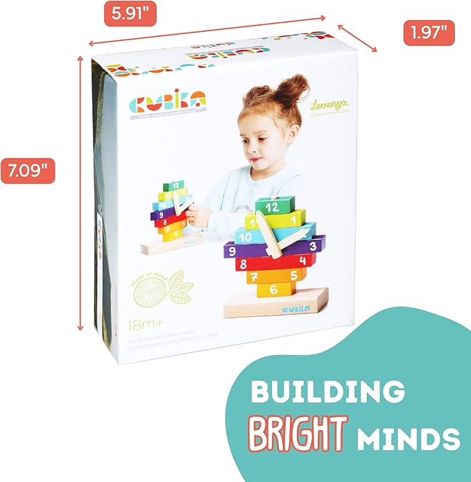 CUBIKA Wooden Clock Construction Kit – Montessori Stacking Toy for Toddlers Ages 3+ – Made from Natural Wood with Water-Based Paints – Travel-Friendly Educational Gift for Boys & Girls