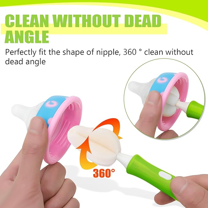 INVODA Nipple Brush 4PCS Sponge Bottle Brushes with 4 PCS Straw Brush Baby Bottle Nipple Cleaner Brush Long Handle Detachable Nipple Brushes (White)