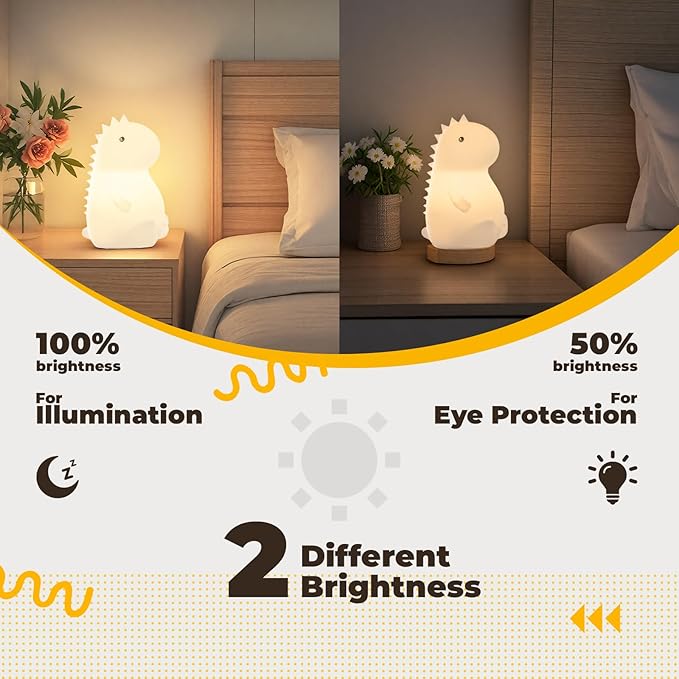LED Squishy Animal Night Light - 2 Level Dimmable Nursery Lamp for Kids, Rechargeable Touch Lamp, Cute Dorm Decor - Perfect Baby Boys Girls Gift (Little Dinosaur)