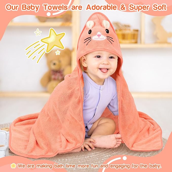 4 PCS Hooded Baby Towels, Soft Baby Towel, Absorbent Baby Bath Towel, Baby Towels and Baby Washcloths for Newborns, Toddlers, and Kids, 32x32 in Baby Towel with Hood for Boy and Girl (Orange Kitten)