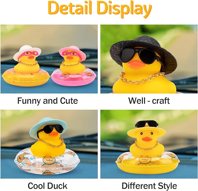 wonuu Car Rubber Duck, Yellow Duck Decoration Dashboard with Sun Hat Swim Ring Necklace Sunglasses for Car Dashboard Decorations