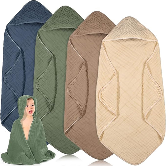 Peryiter 4 Pcs Muslin Hooded Baby Towels, 32"x 32" Cotton Newborn Bath Towel Muslin Infant Baby Blankets Absorbent Unisex Christmas Registry Gift Essentials for Girls Boys (Green)