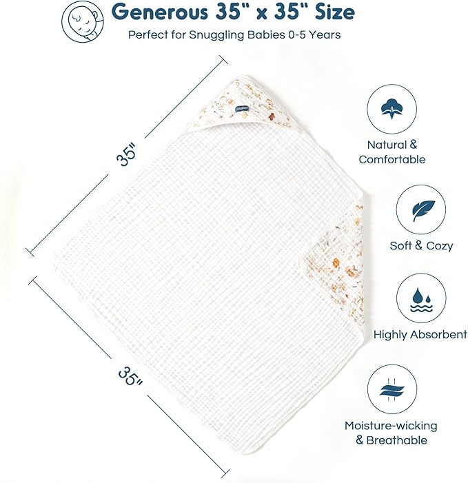 GRSSDER Ultra Soft Absorbent Muslin Cotton Baby Hooded Towel 2 Pack with Original Patterns, Extra Large Size 35"x 35" Swaddle Wrap for Newborn Infant and Toddler