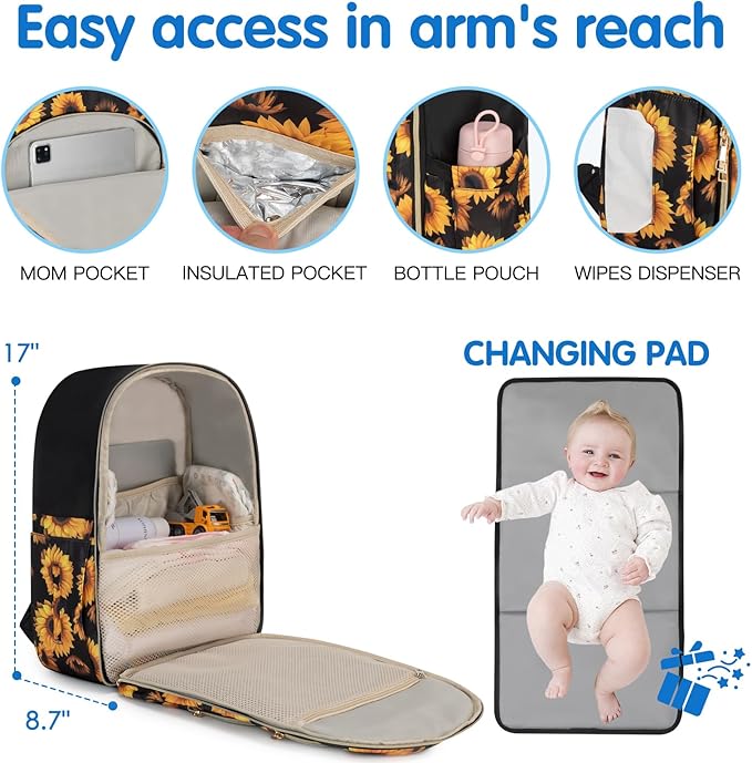 KABAQOO Baby Diaper Bag Backpack, Waterproof Diaper Backpack for Mom & Dad with Changing Pad, Insulated Pockets and Stroller Straps, Baby Shower Gifts for Girls & Boys, Sunflower