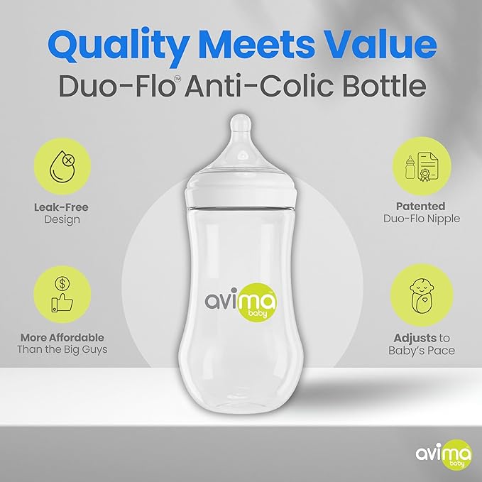 Avima Baby 12 oz Anti Colic Baby Bottles for Breastfed Babies - Fast Flow Nipples, Wide Neck Bottle, BPA Free - 9-12 Months, Stage 3 (Set of 3)