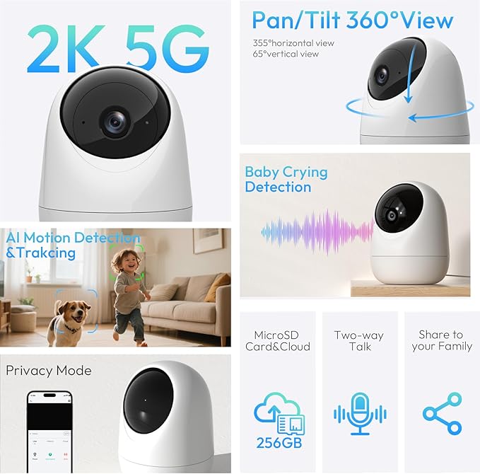 Rraycom Indoor Camera 5G&2.4G,2K Pan/Tilt Security Camera for Baby Monitor w/Cry Detection, Dog Camera w/Motion Detection, Human/Pet Auto Tracking,2-Way Audio, Night Vision,Siren,Works w/Alexa