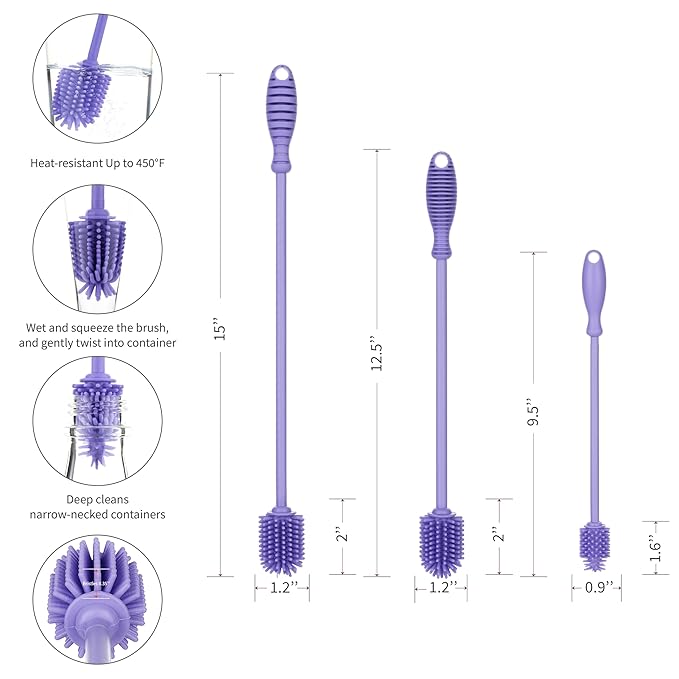 A-Brush Silicone Bottle Cleaner Brush, 3 Piece Set, Flexible, Long Handle - Water Bottle Cleaner, Baby Bottle Nipple Brush for Plastic & Glass, BPA-Free Dish Washing Brush A2S Protection