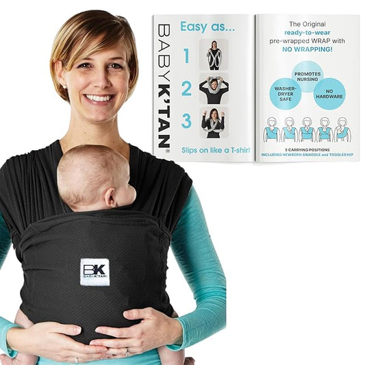 Breeze Baby K'tan Baby Carrier, #1 Easy Pre-Wrapped Baby Sling Gift | Breathable 100% Cotton Mesh | Hands Free Wrap for Infants | No Rings Or Buckles | Black | Large