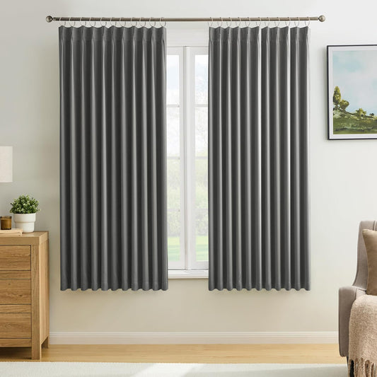 KEQIAOSUOCAI Grey Pinch Pleat Curtains & Drapes 63 Inches Long 2 Panels Set, Privacy Darkening Sound Dampening Window Treatment for Bedroom Vertical Draft Blackout Blinds for Living Room 72 by 63