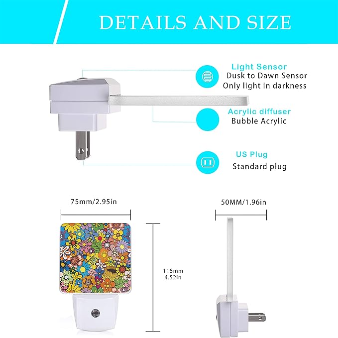 Hippies Flowers Night Light,Hippie Night Lights Plug into Wall 0.5W Sleep Friendly for Boys Girls Led Night Light Dusk to Dawn Sensor Nightlight for Stairway/Hallway/Bedroom