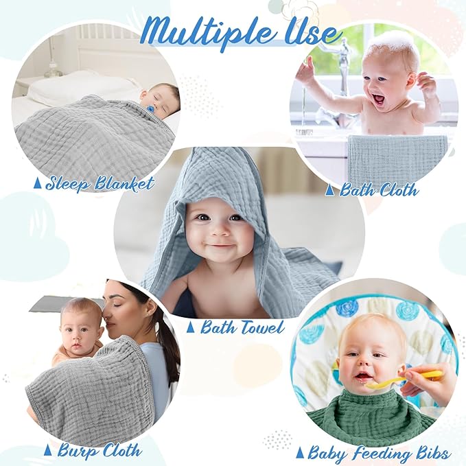 VitalCozy 8 Pcs Baby Muslin Hooded Bath Towels and Washcloths, 32 x 32 Inch Muslin Hooded Baby Towels Absorbent Blankets for Gift Newborn Infant Shower (Modern Style)
