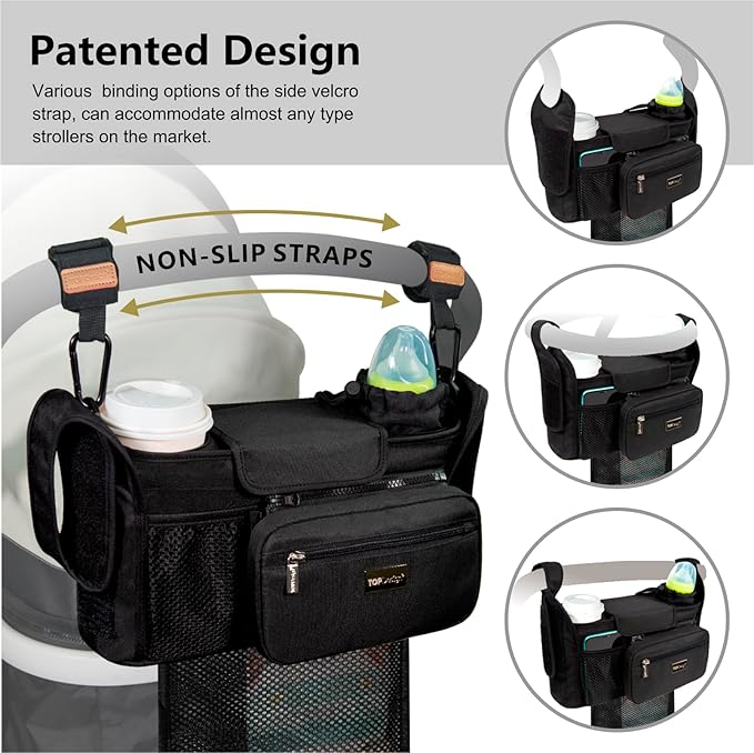 TOPDesign Universal Baby Stroller Organizer, Stroller Caddy with Detachable Mesh Bag & Heightened Insulated Cup Holders & Non-Slip Secure Hooks Accessories, Fits Most Strollers (Polka Dots)
