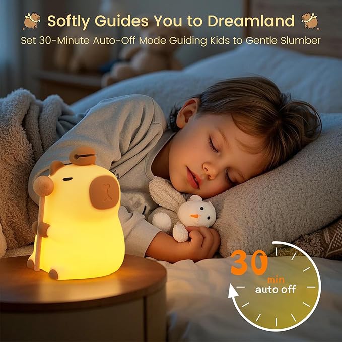 Capybara Night Light, Nursery Lamp, 7-Color RGB & 3-Level Warm Dimmable, Tap Control, 30Min Timer, 100% Safe &Soft Silicone, Adorable, Soothing Ambiance, Gift for Kids, Zen, Wooden Fish