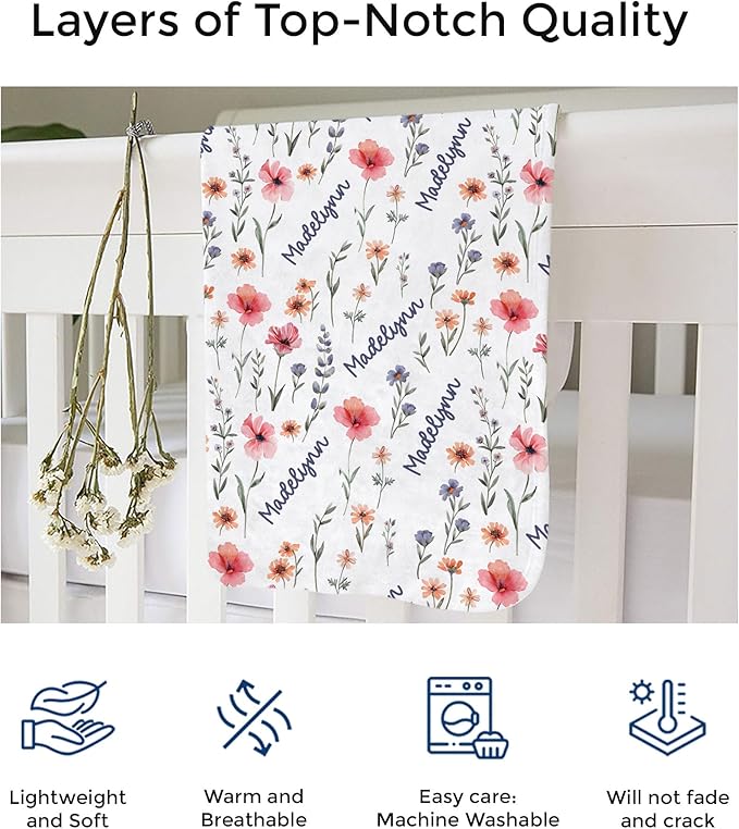 Custom Baby Blankets for Boys, Customized Baby Boy Gifts with Name, Personalized Baby Blankets, Soft Plush Fleece (Wildflower HPTM36)