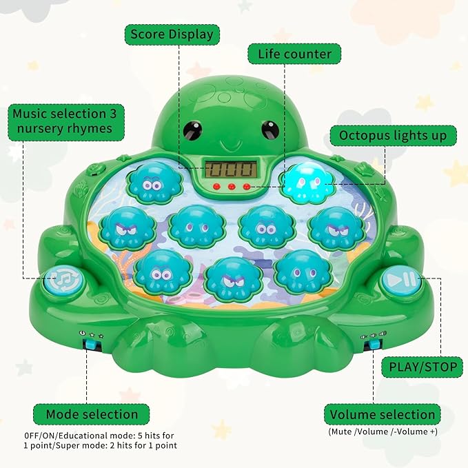 Interactive Whack a Mole Game Toys for Ages 2-4, Educational Learning Toddlers Toys for 2 3 4 5 6 Year Old Boys Girls, Green, Digital Display, Silent Mode, Multiple Difficulty Levels