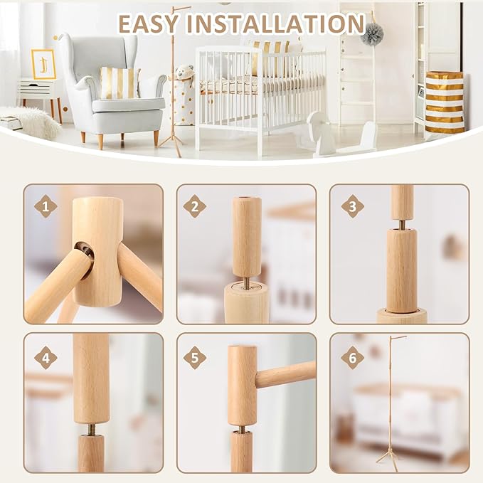 Floor-Standing Crib Mobile Arm - 61.4 Inch Wooden Mobile Arm for Crib - Movable Baby Mobile Hanger with Strong Anti-Dumping Attachment - 100% Beech Wood - Easy Assembly - Nursery Decor