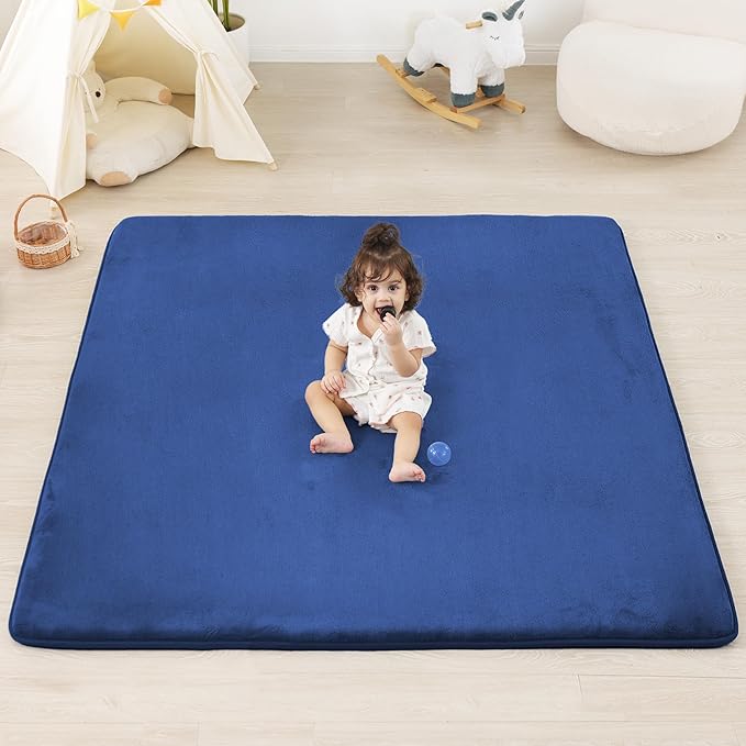 1.3" Thick Baby Floor Play Mat 39x59, Basic Padded Foam Mat for Tummy Time Crawling, Non Slip Cushioned for Babies Toddlers Infants Kids (Blue)