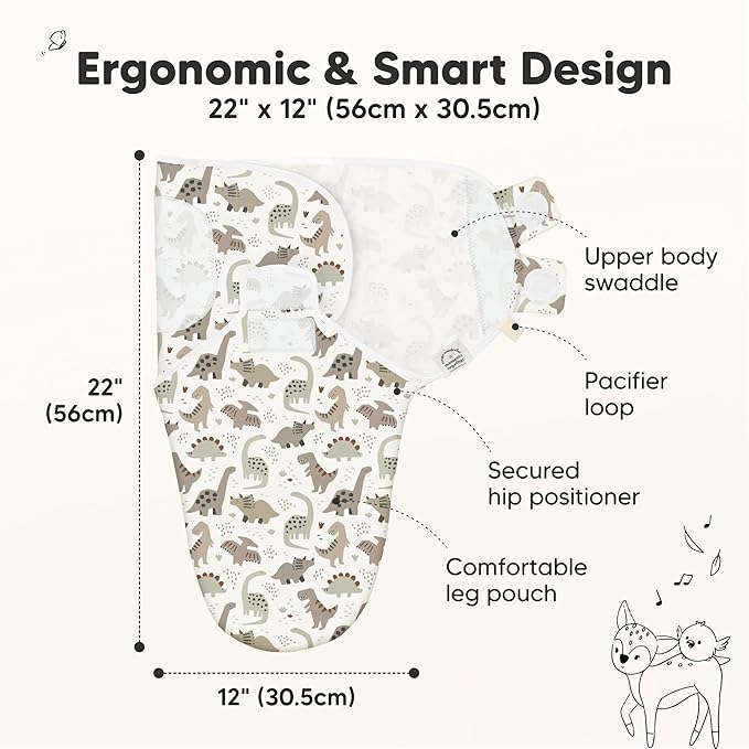 3-Pack Organic Baby Swaddle Sleep Sacks - Swaddles for Newborns, Infant 0-3 Months, Baby Girls, Boys, Soft & Snug Newborn Sleep Sack, Nursery Swaddling Blankets (Dino Ridge)