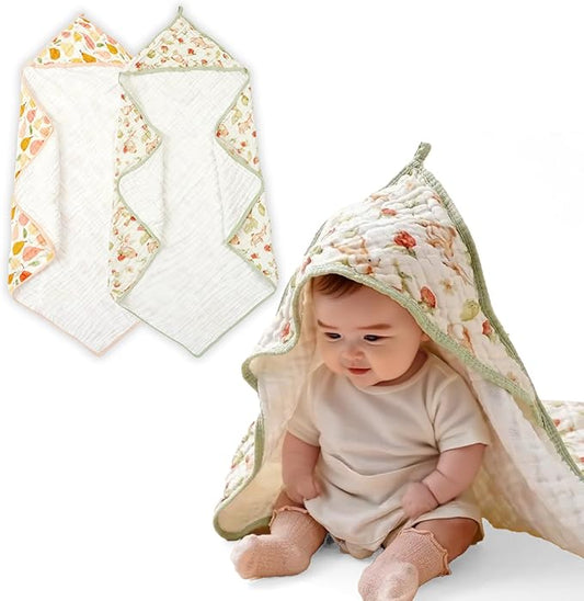 Muslin Hooded Baby Towels,2 Pack Baby Bath Towels,Large 31.5x31.5Inch,Hooded Towels for Baby and Infant,Soft&Absorbent(Strawberries and Pears)