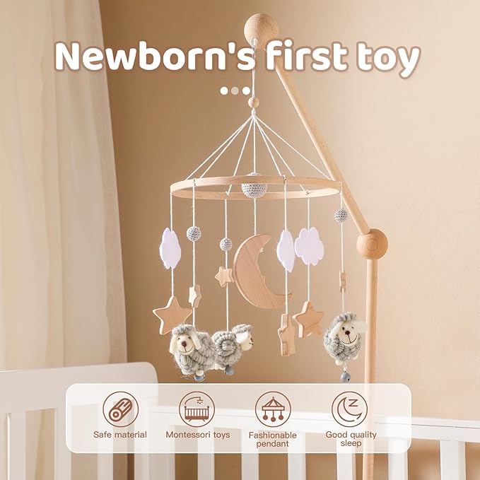 Baby Mobile for Crib, Montessori Baby Crib Mobile for Boys Girls for Bassinet, Nursery Decor for Infant Bedroom Hanging, Baby Mobile Soothe Toys -Gender Neutral Baby Gift (Gray)