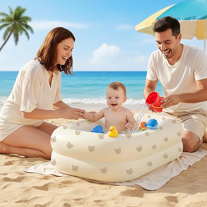 Inflatable Baby Bathtub with Built-in Air Pump, Back Support, Portable Travel Baby Bath Tub, Deflates and Folds Easily, Newborn to Toddler 3-20 Months (Cute Bear)