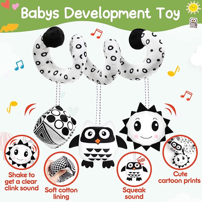 Baby Spiral Hanging Stroller and Car Seat Toys Black and White High Contrast Sensory Toy Newborn Plush Activity Toys Party Favors Quality Gifts for Baby Shower -OWL