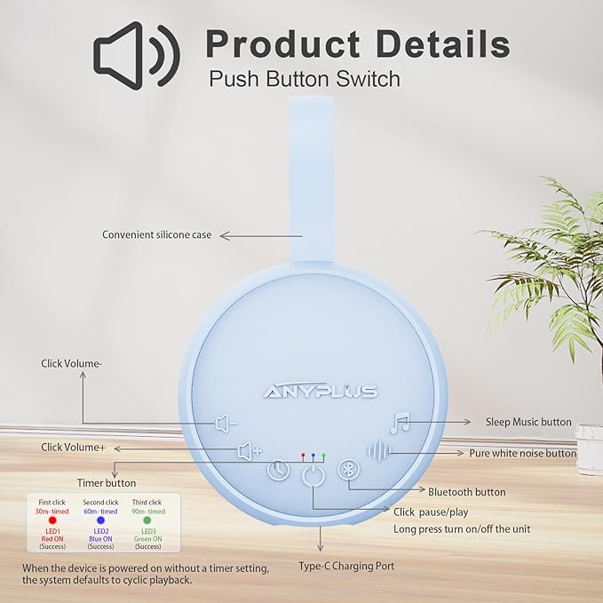 White Noise Sound Machine for Sleeping Adults & Baby, Portable Noise Machine with 24 Soothing Sounds, Bluetooth 5.1, Battery Powered, 3 Timer Settings, Memory Function for Home, Office, Travel(Blue)