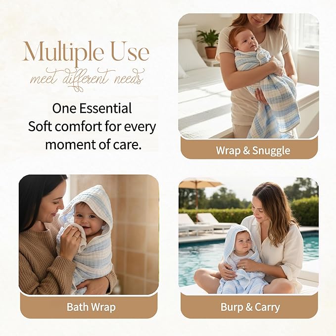 Muslin Hooded Baby Towel 4 Pack, Preuim Muslin 6 Layers Natural Cotton Baby Bath Towels, Soft and Comfortable for Boys,Girls (32 x 32, Blue Striped and White)